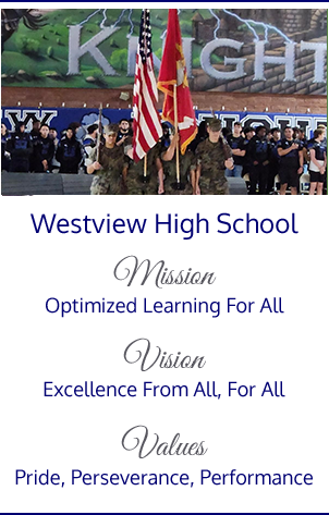Westview High School Mission Optimized Learning For All, Vision Excellence From All, For All Values are Pride, Perseverance, Performance